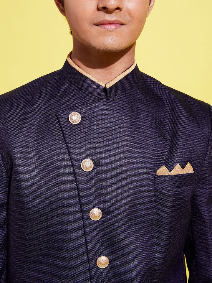 VASTRAMAY Boys Navy Blue And Rose Gold Indowestern Set - qivii