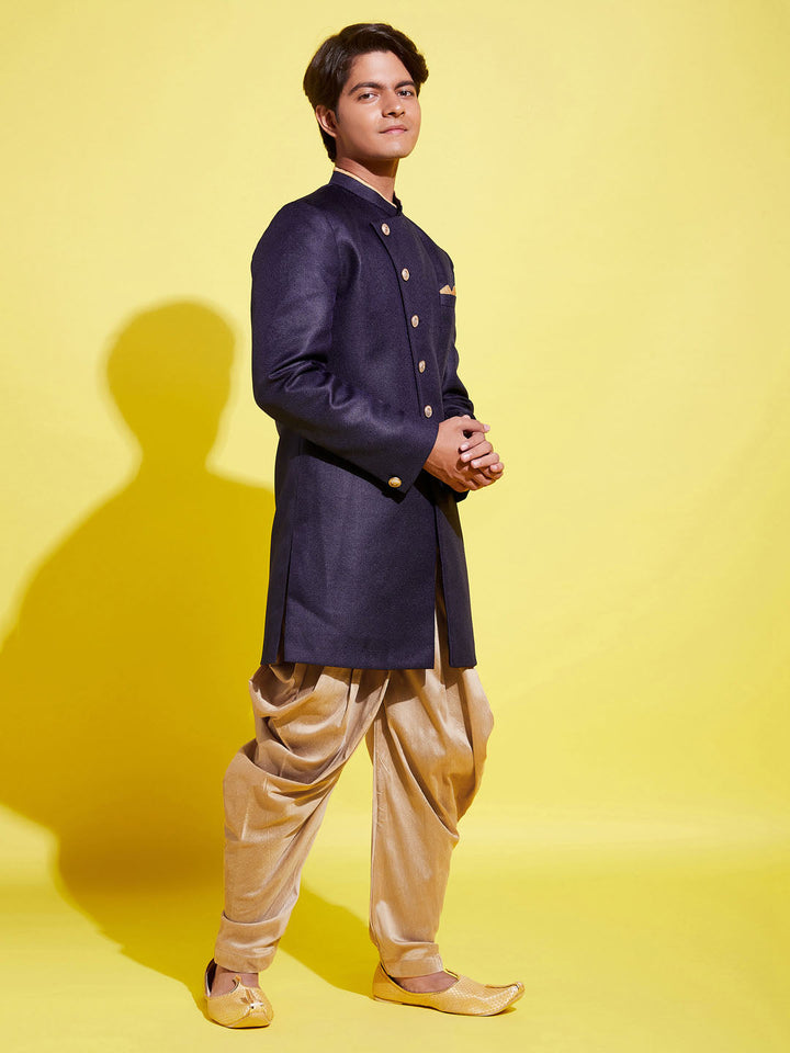 VASTRAMAY Boys Navy Blue And Rose Gold Indowestern Set - qivii