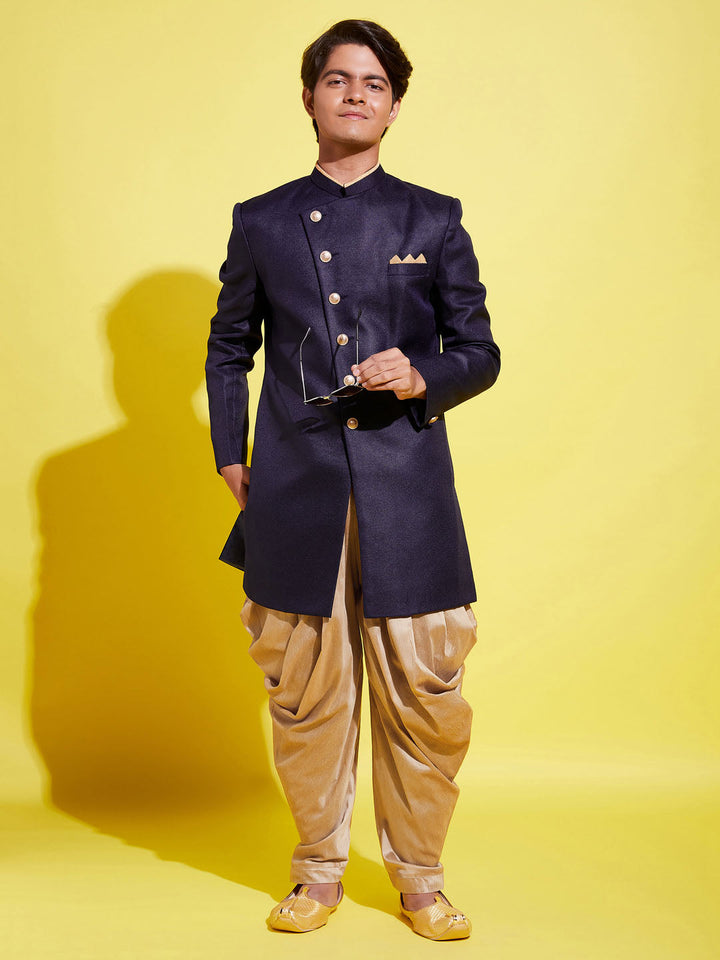 VASTRAMAY Boys Navy Blue And Rose Gold Indowestern Set - qivii