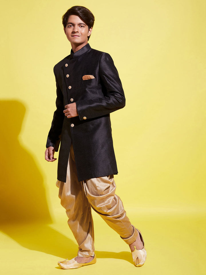 VASTRAMAY Boys' Black And Rose Gold Indowestern Set - qivii