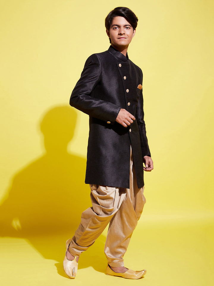 VASTRAMAY Boys' Black And Rose Gold Indowestern Set - qivii