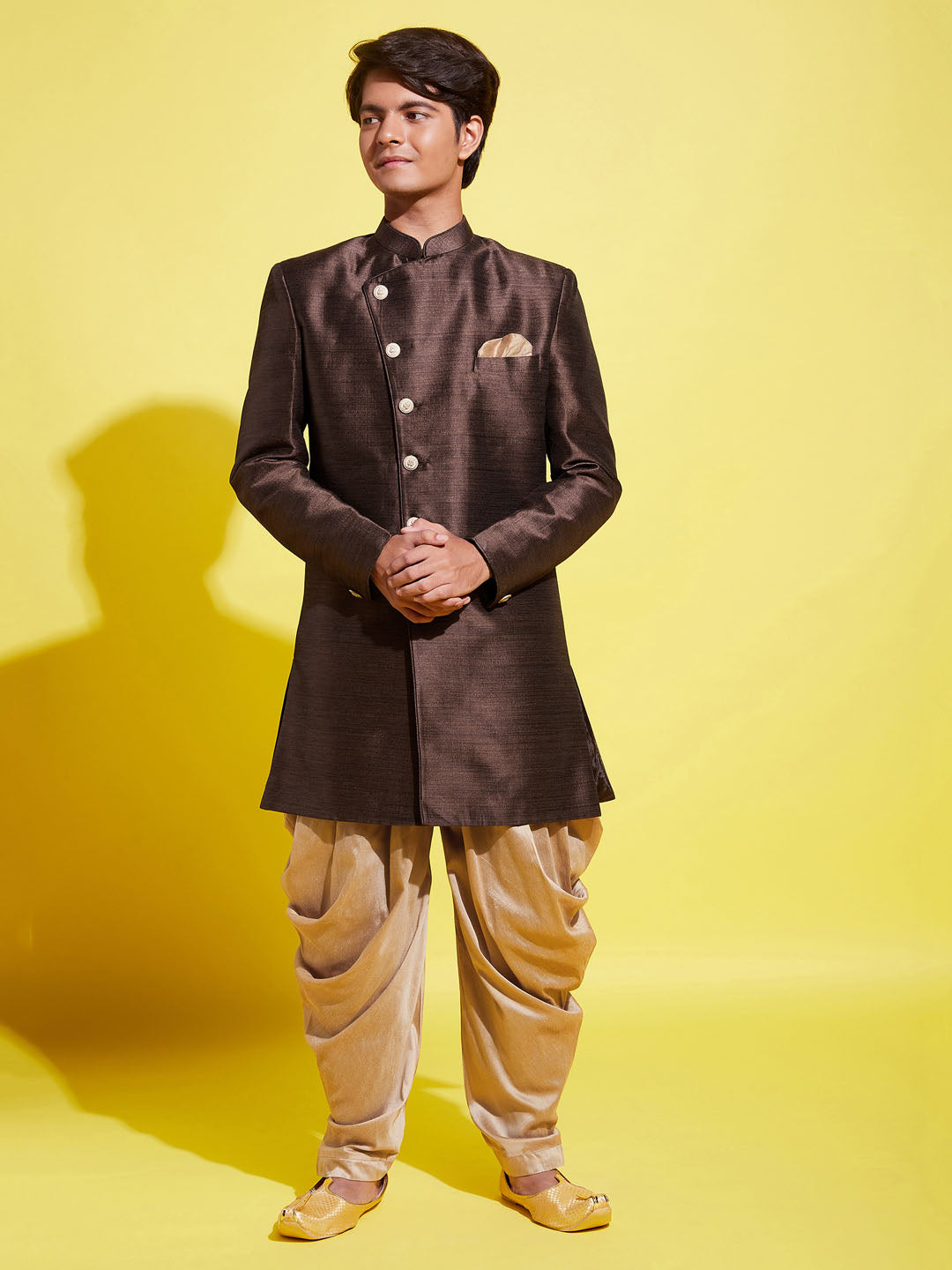 VASTRAMAY Boys Coffee And Rose Gold Indowestern Set - qivii