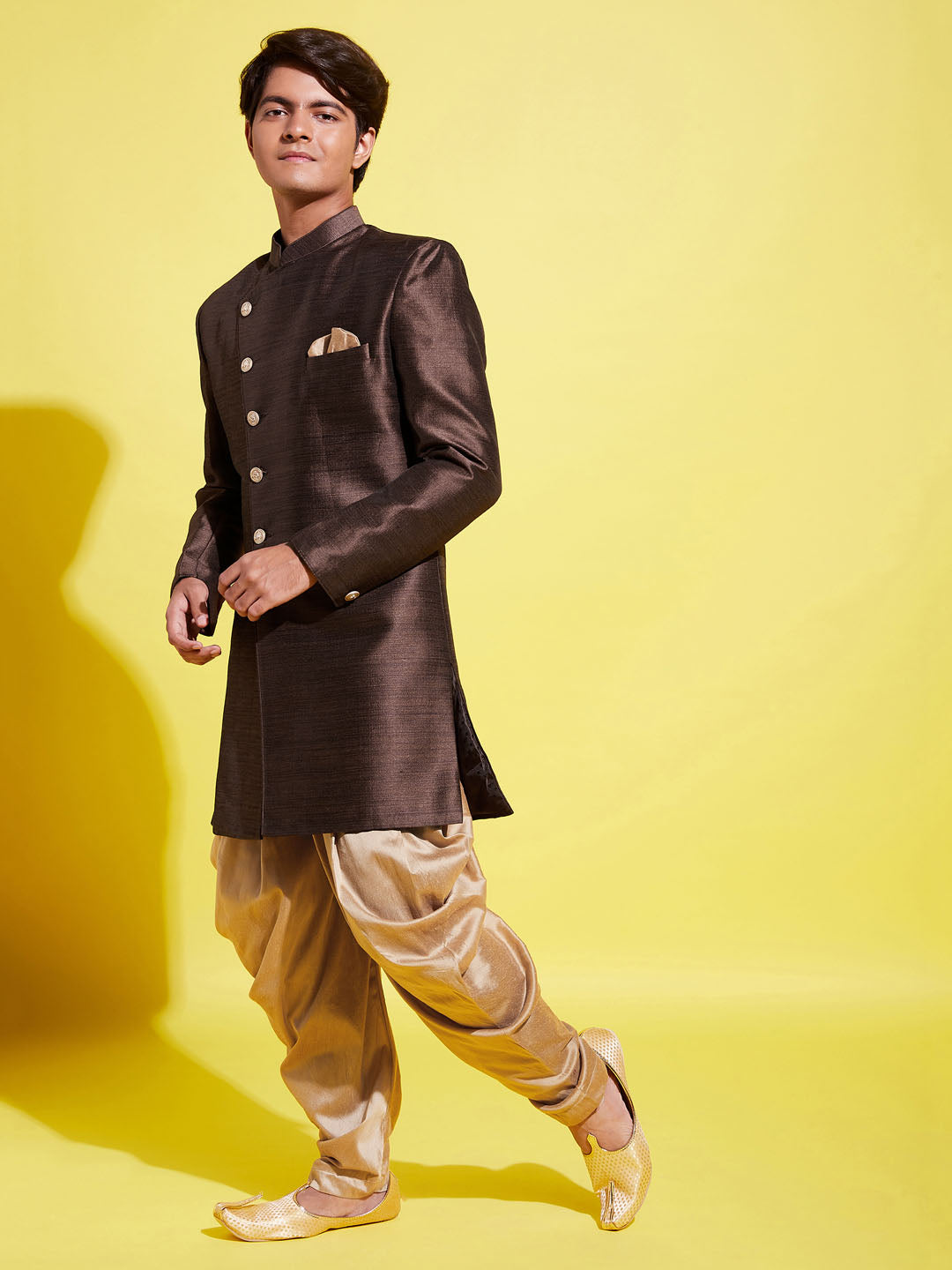 VASTRAMAY Boys Coffee And Rose Gold Indowestern Set - qivii