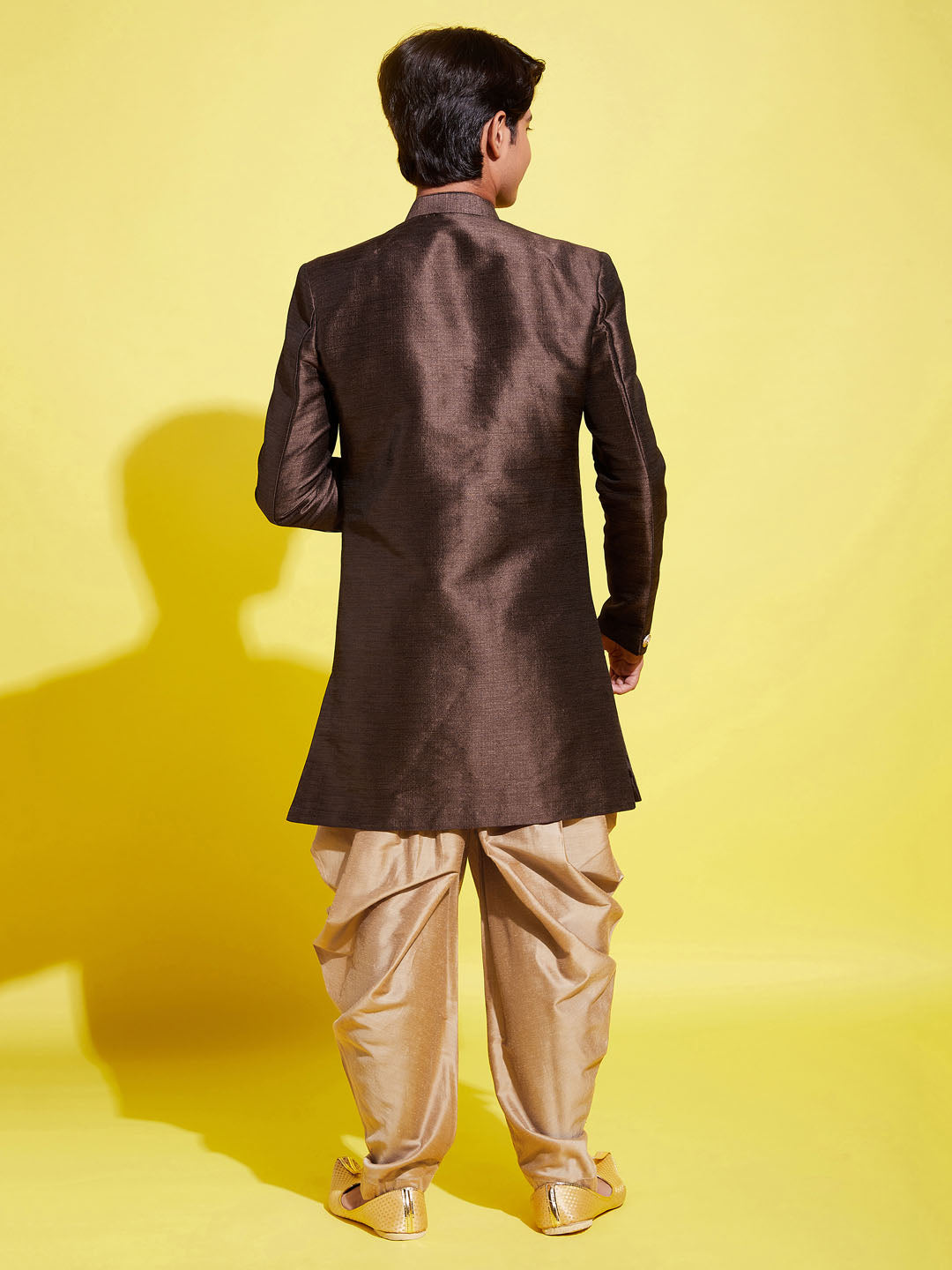 VASTRAMAY Boys Coffee And Rose Gold Indowestern Set - qivii