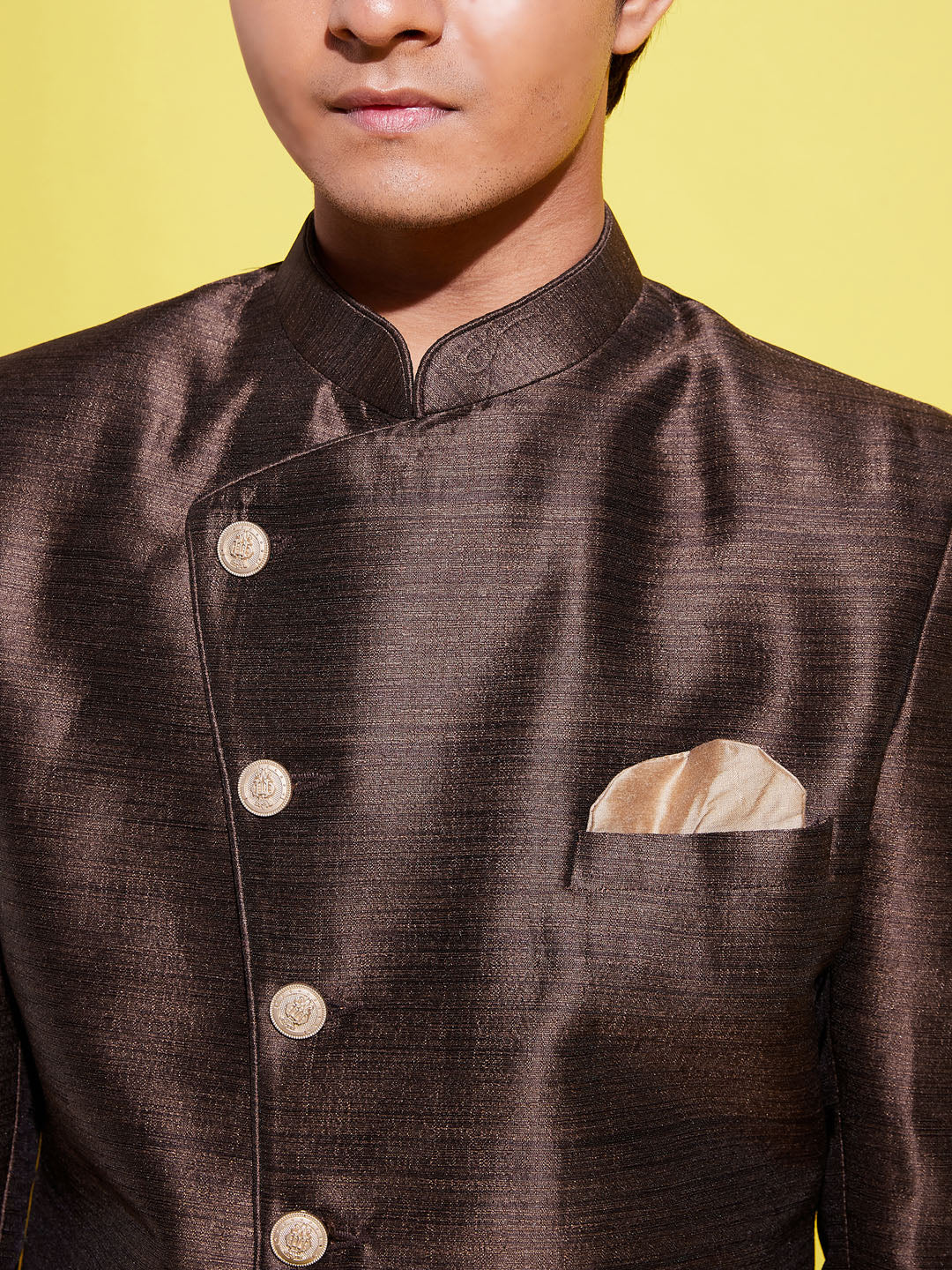 VASTRAMAY Boys Coffee And Rose Gold Indowestern Set - qivii