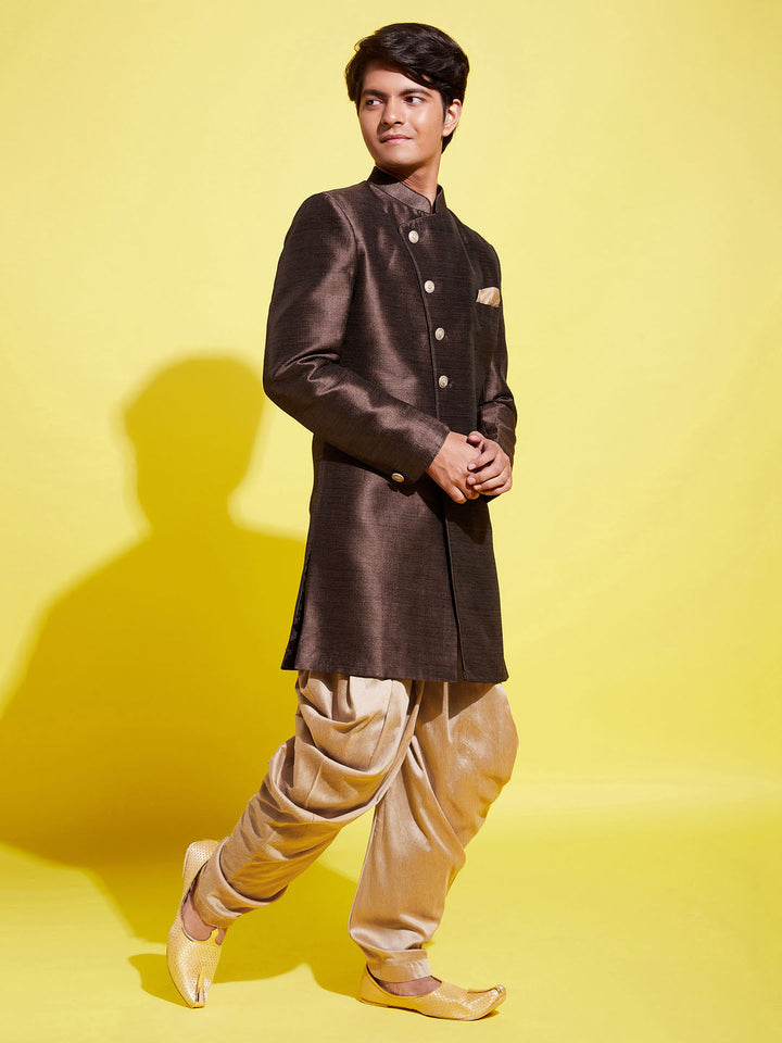 VASTRAMAY Boys Coffee And Rose Gold Indowestern Set - qivii