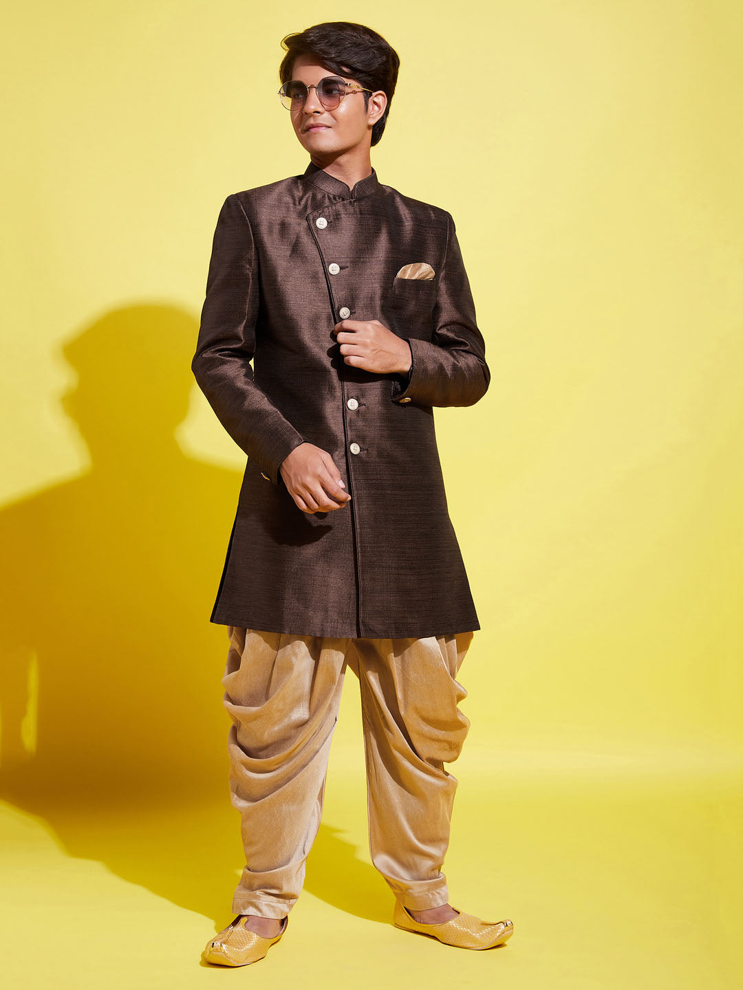 VASTRAMAY Boys Coffee And Rose Gold Indowestern Set - qivii