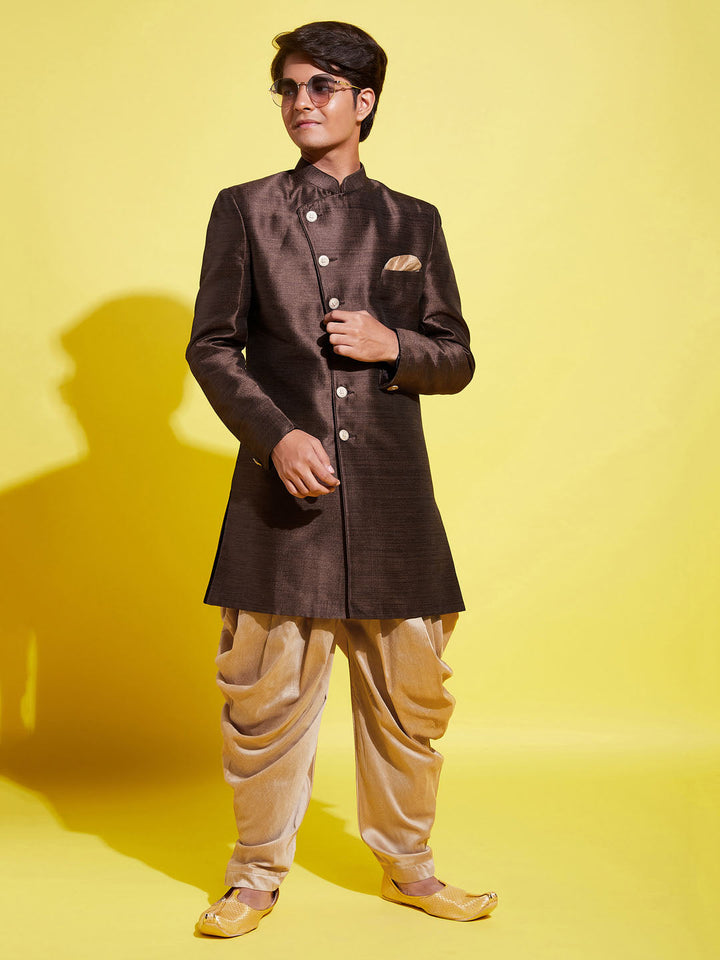 VASTRAMAY Boys Coffee And Rose Gold Indowestern Set - qivii