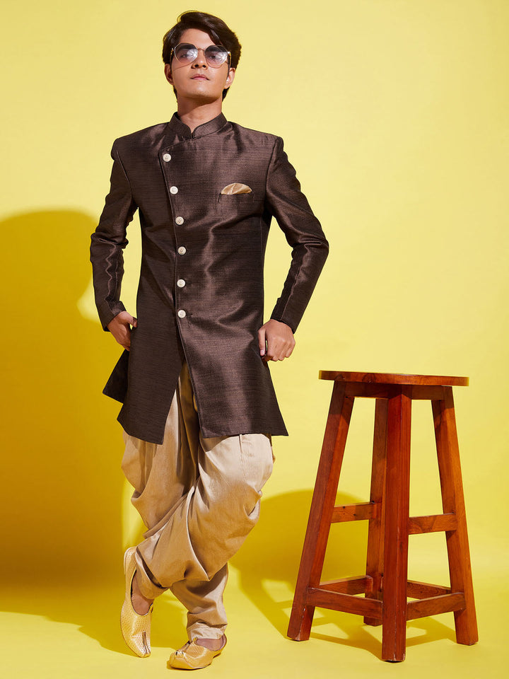 VASTRAMAY Boys Coffee And Rose Gold Indowestern Set - qivii