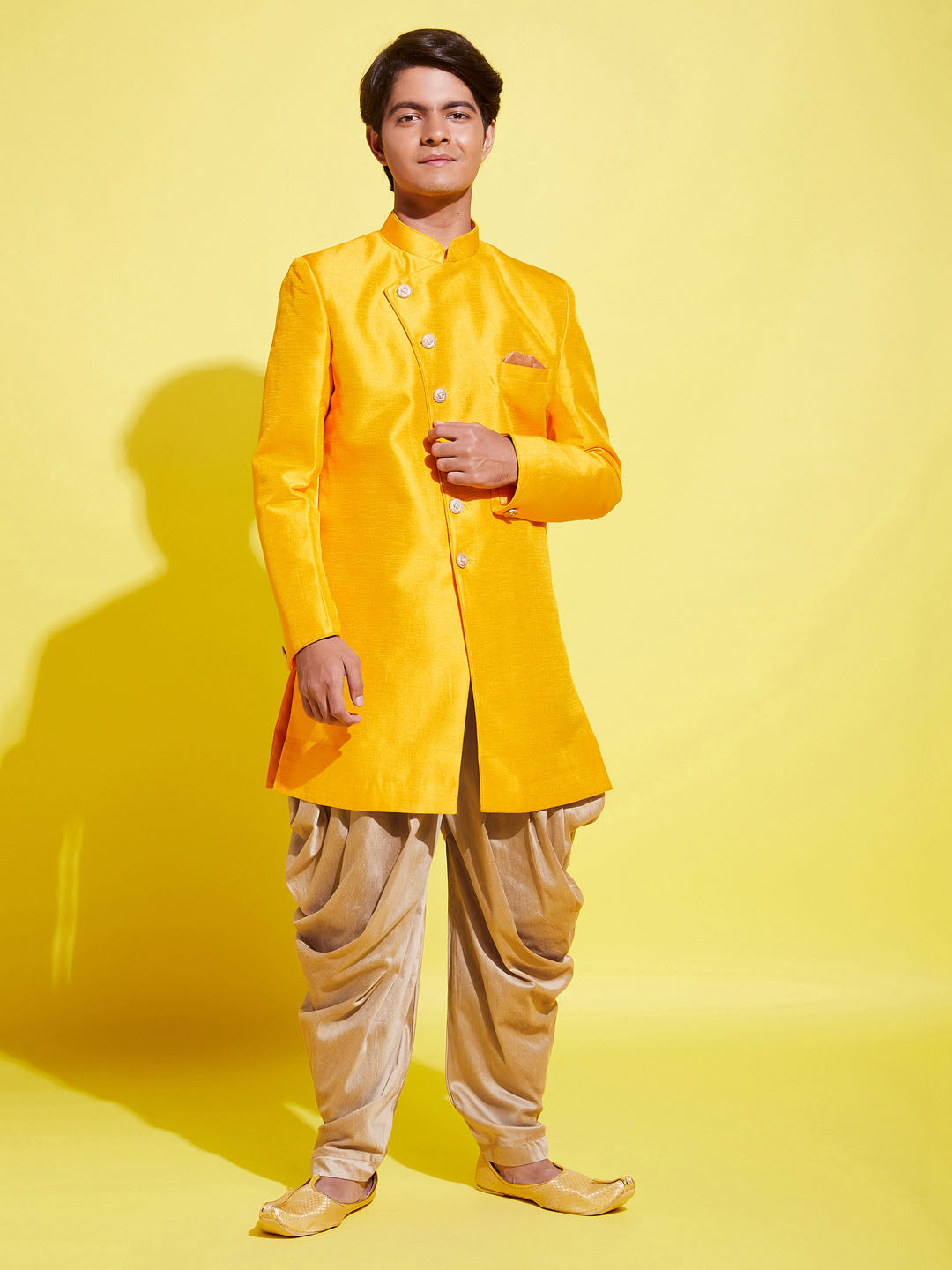 VASTRAMAY Boys Mustard And Rose Gold Indowestern Set - qivii