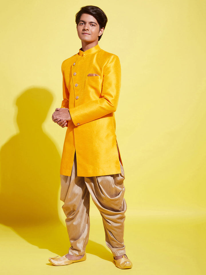 VASTRAMAY Boys Mustard And Rose Gold Indowestern Set - qivii