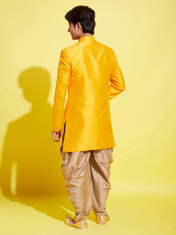 VASTRAMAY Boys Mustard And Rose Gold Indowestern Set - qivii