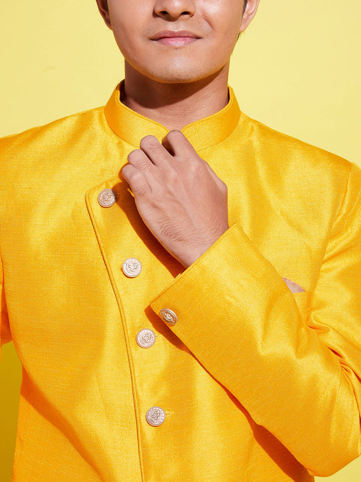 VASTRAMAY Boys Mustard And Rose Gold Indowestern Set - qivii