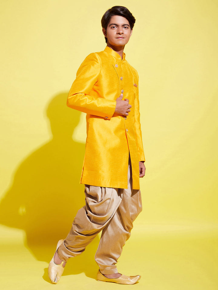 VASTRAMAY Boys Mustard And Rose Gold Indowestern Set - qivii