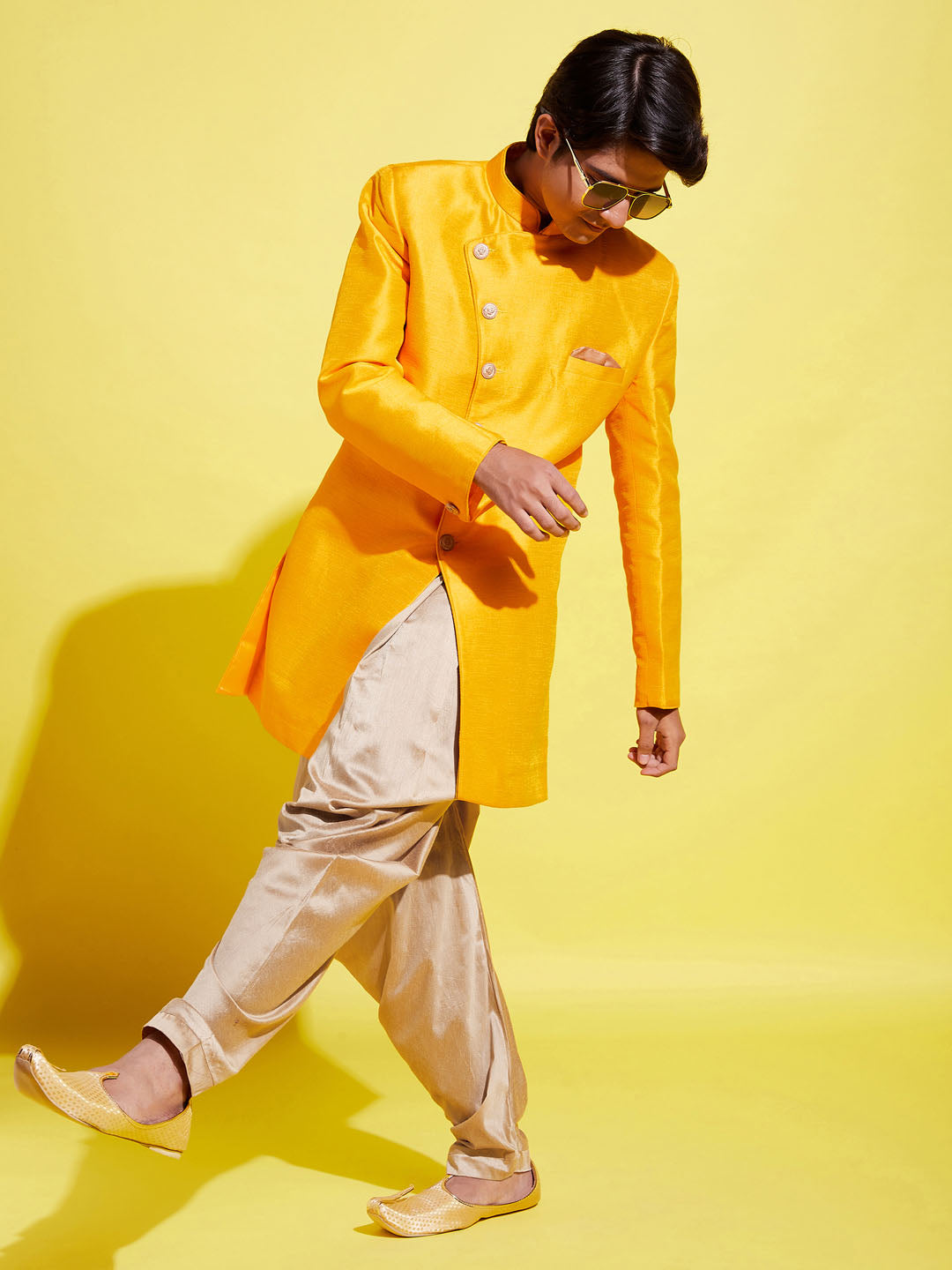 VASTRAMAY Boys Mustard And Rose Gold Indowestern Set - qivii