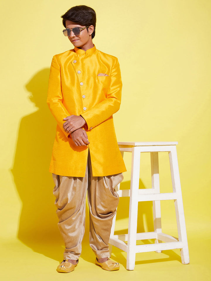VASTRAMAY Boys Mustard And Rose Gold Indowestern Set - qivii