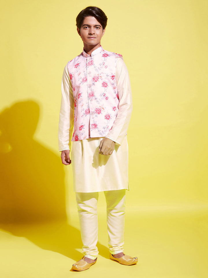 VASTRAMAY Boys Peach Floral Printed Nehru Jacket With Cream Kurta And Pyjama Set - qivii