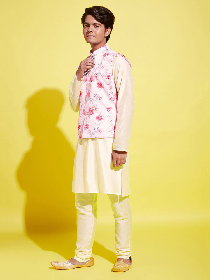 VASTRAMAY Boys Peach Floral Printed Nehru Jacket With Cream Kurta And Pyjama Set - qivii