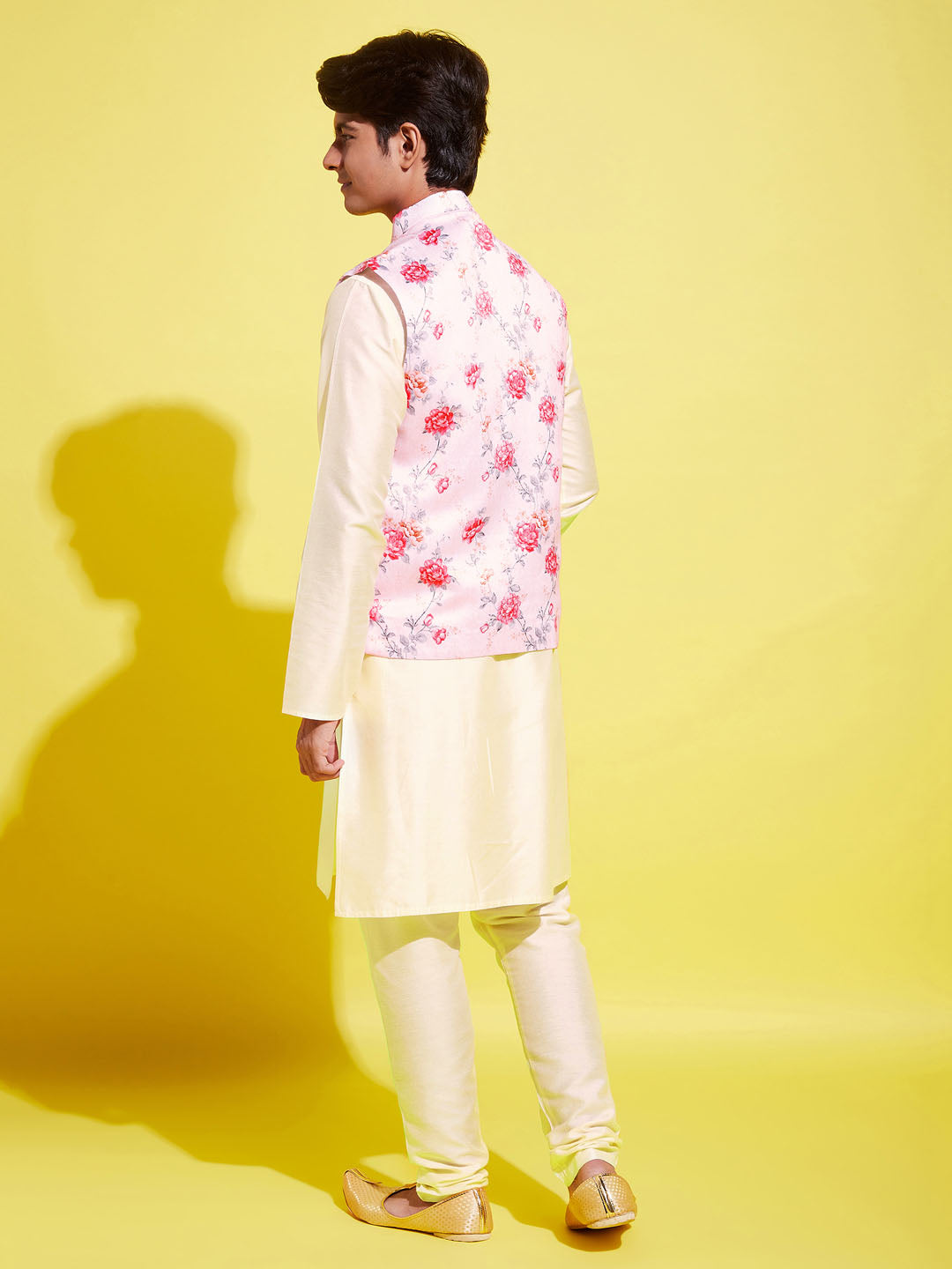 VASTRAMAY Boys Peach Floral Printed Nehru Jacket With Cream Kurta And Pyjama Set - qivii