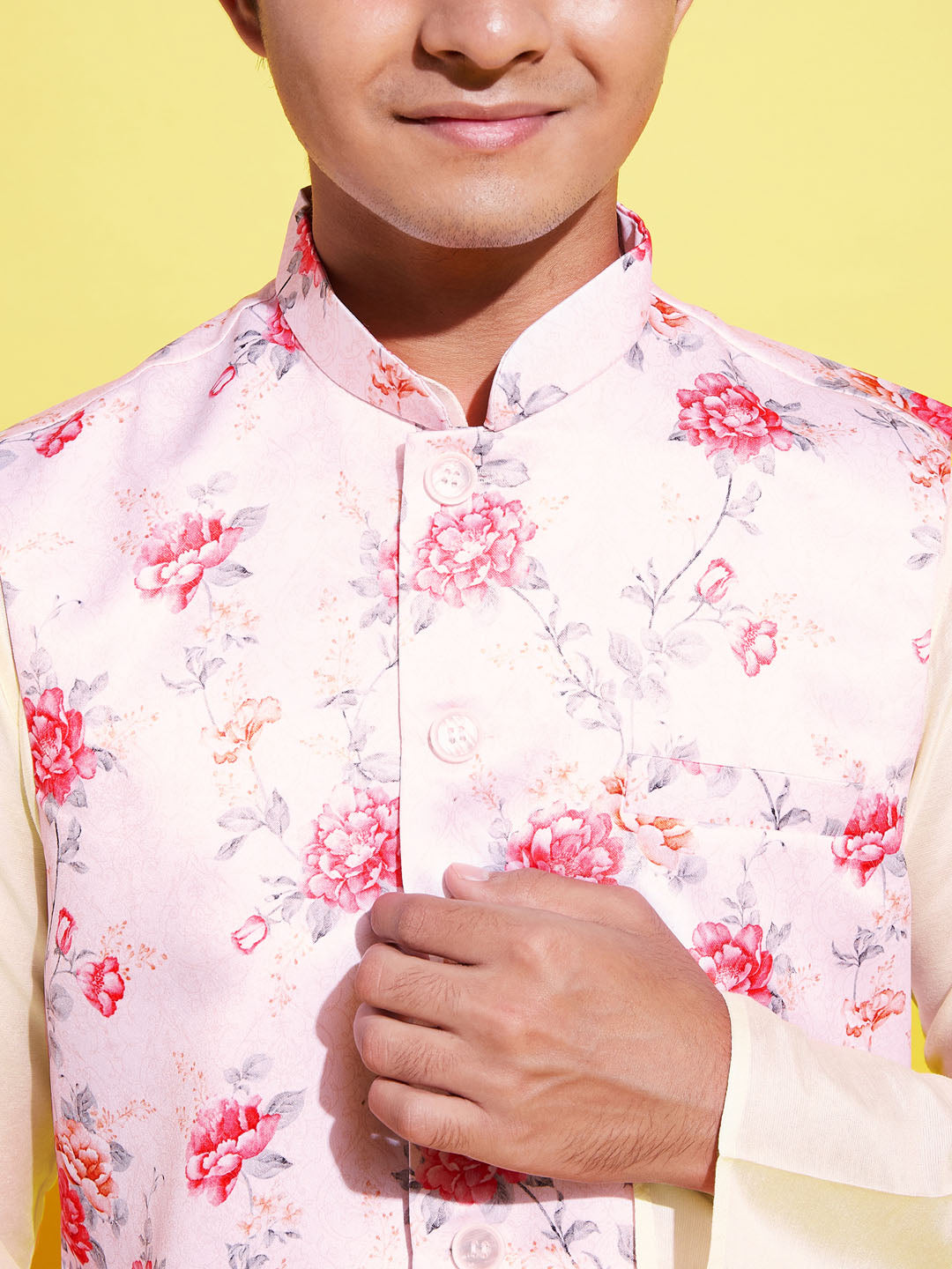 VASTRAMAY Boys Peach Floral Printed Nehru Jacket With Cream Kurta And Pyjama Set - qivii