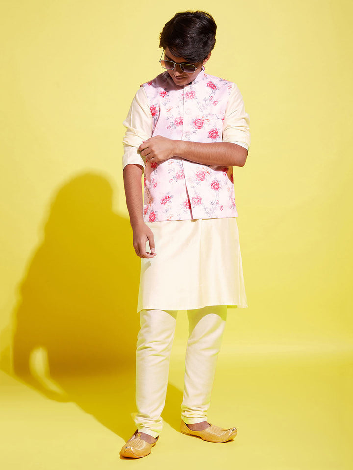 VASTRAMAY Boys Peach Floral Printed Nehru Jacket With Cream Kurta And Pyjama Set - qivii