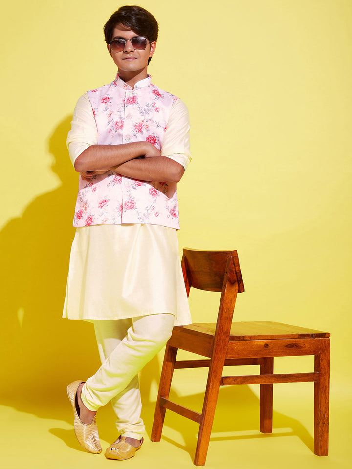 VASTRAMAY Boys Peach Floral Printed Nehru Jacket With Cream Kurta And Pyjama Set - qivii