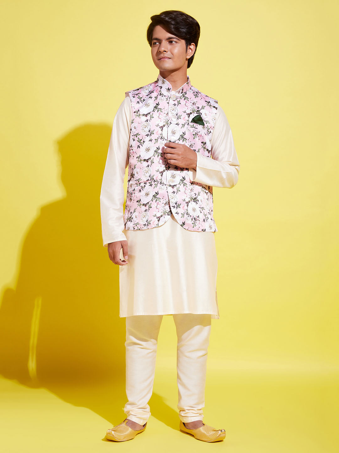 VASTRAMAY Boys Pink Floral Printed Nehru Jacket With Cream Kurta And Pyjama Set - qivii