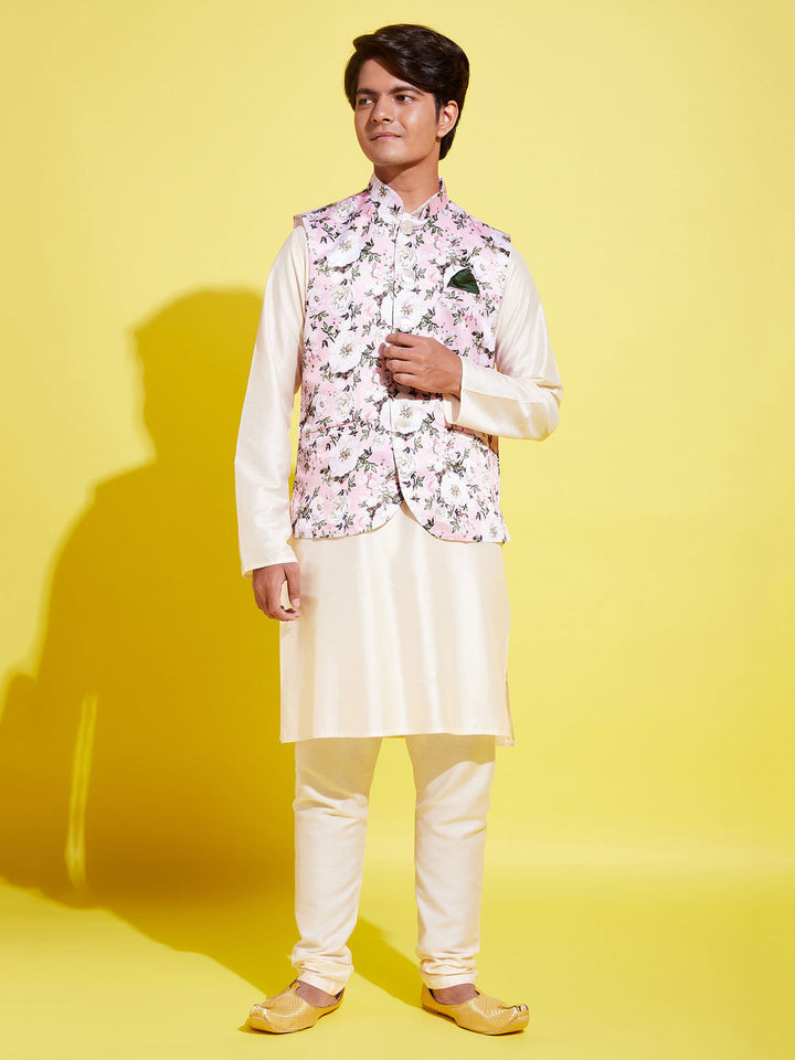 VASTRAMAY Boys Pink Floral Printed Nehru Jacket With Cream Kurta And Pyjama Set - qivii