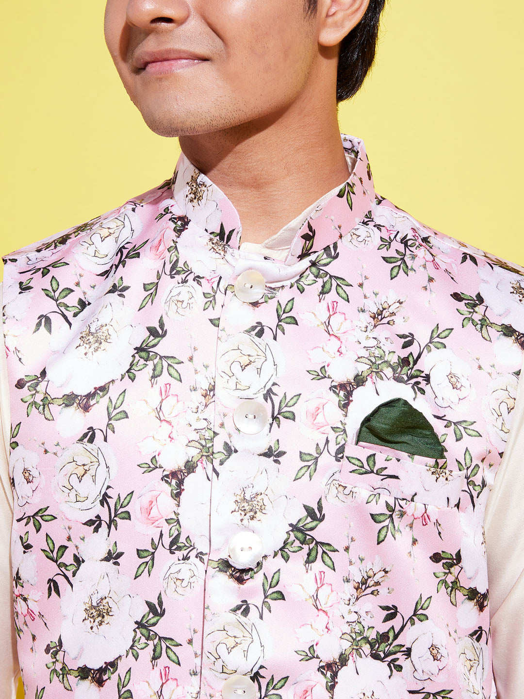 VASTRAMAY Boys Pink Floral Printed Nehru Jacket With Cream Kurta And Pyjama Set - qivii