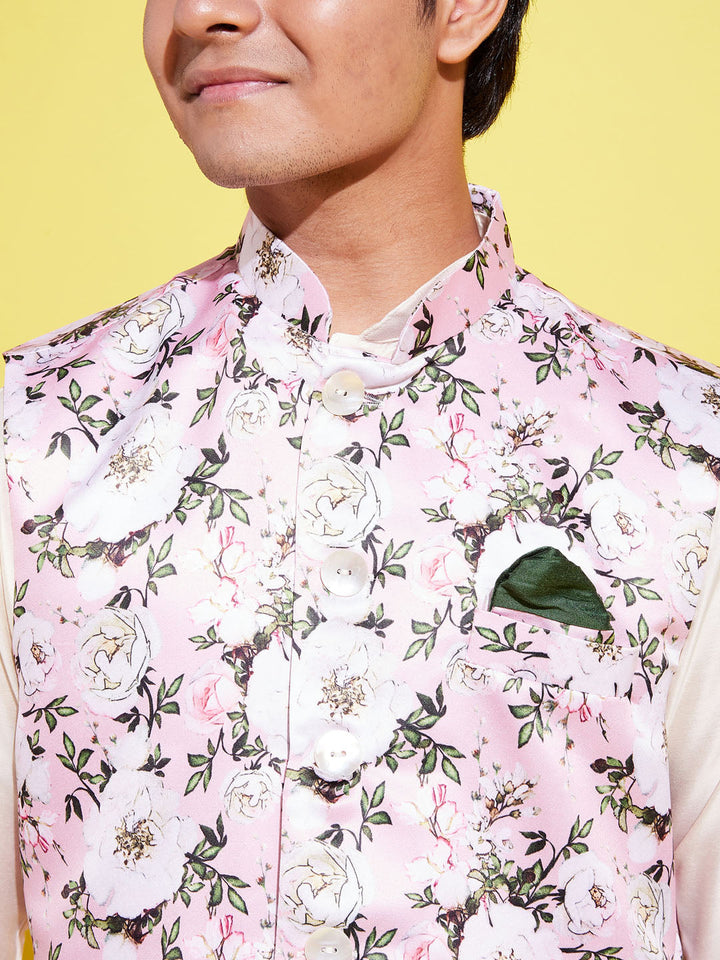 VASTRAMAY Boys Pink Floral Printed Nehru Jacket With Cream Kurta And Pyjama Set - qivii