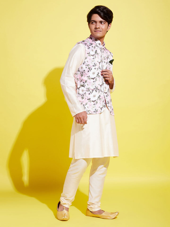 VASTRAMAY Boys Pink Floral Printed Nehru Jacket With Cream Kurta And Pyjama Set - qivii