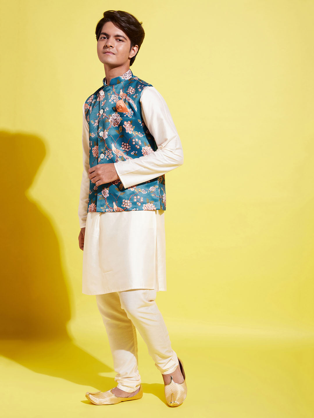 VASTRAMAY Boys Turquoise Blue & Green Printed Nehru Jacket With CreamKurta And Pyjama Set - qivii