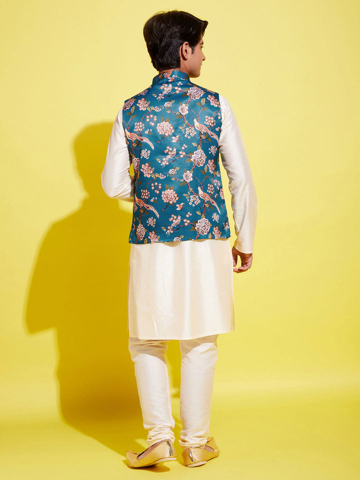 VASTRAMAY Boys Turquoise Blue & Green Printed Nehru Jacket With CreamKurta And Pyjama Set - qivii