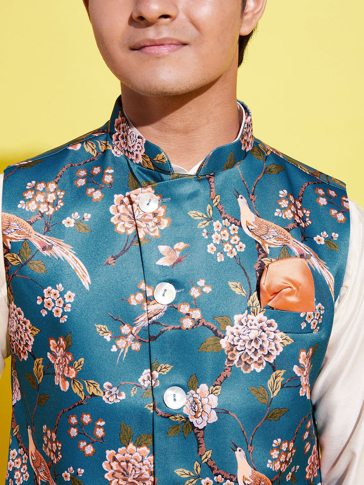 VASTRAMAY Boys Turquoise Blue & Green Printed Nehru Jacket With CreamKurta And Pyjama Set - qivii