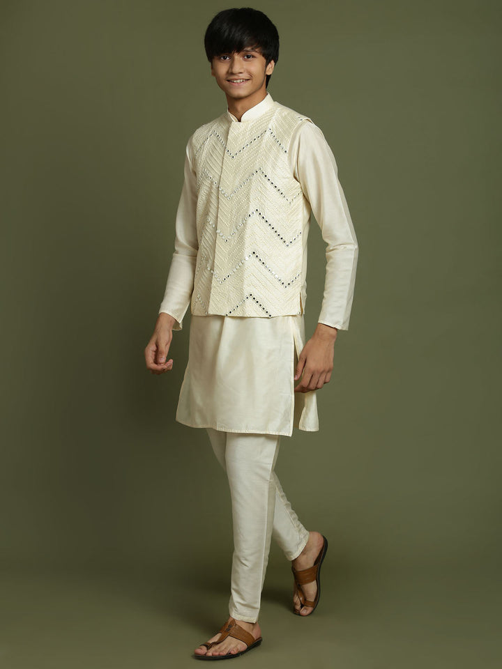 VASTRAMAY Boy's Cream Mirror Work Jacket And Solid Kurta Pyjama Set - qivii