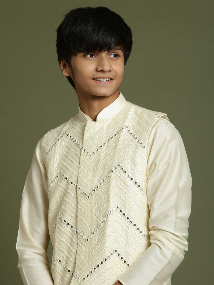 VASTRAMAY Boy's Cream Mirror Work Jacket And Solid Kurta Pyjama Set - qivii