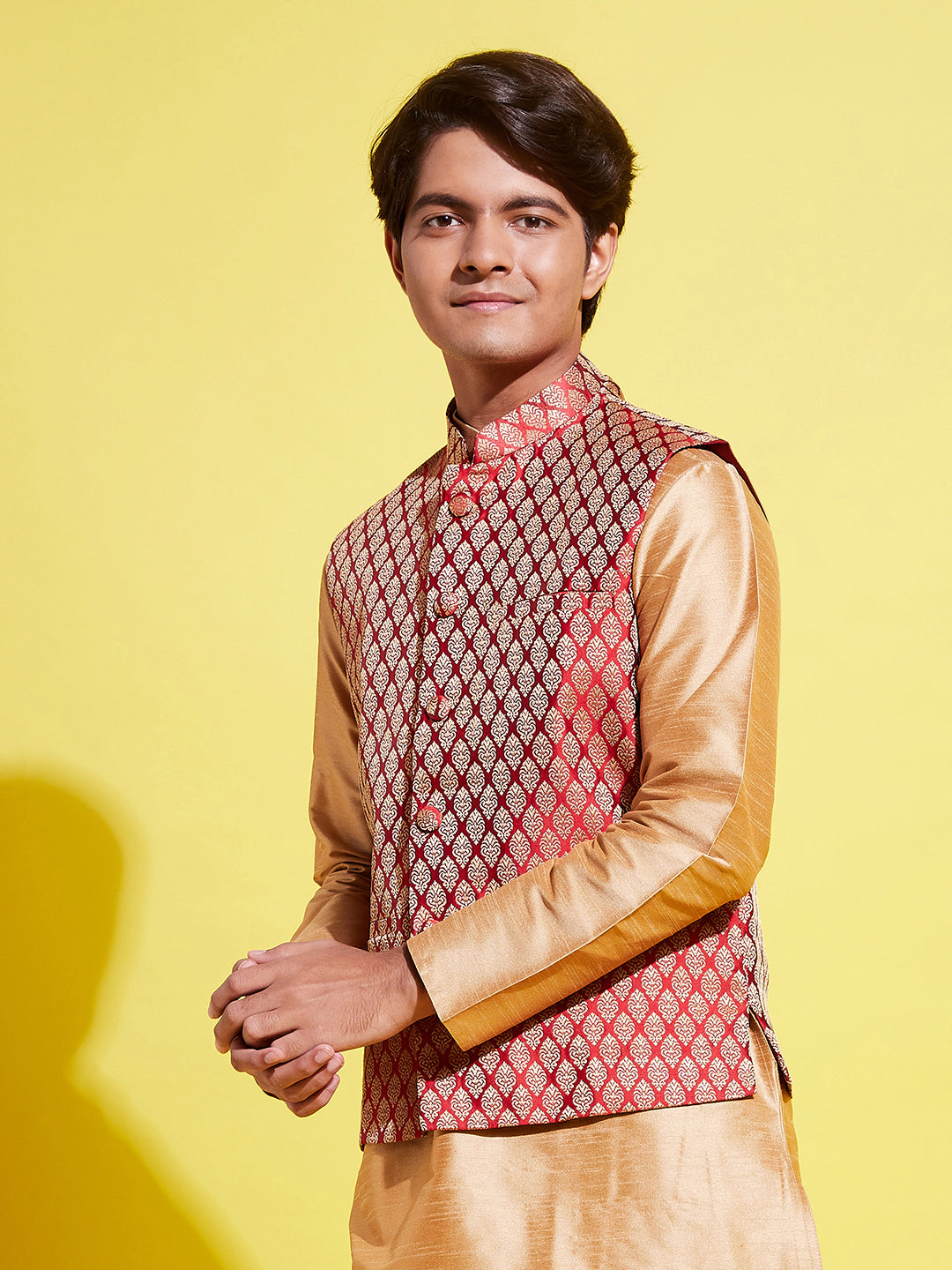 VASTRAMAY Boys' Maroon Woven Design Silk Blend Nehru Jacket - qivii