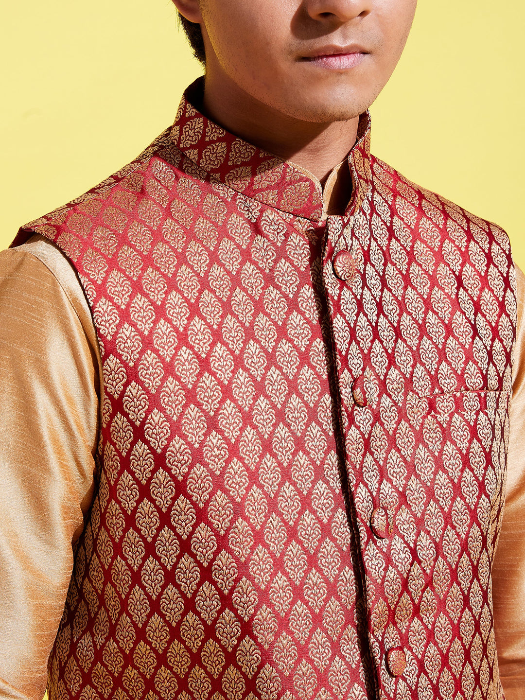 VASTRAMAY Boys' Maroon Woven Design Silk Blend Nehru Jacket - qivii