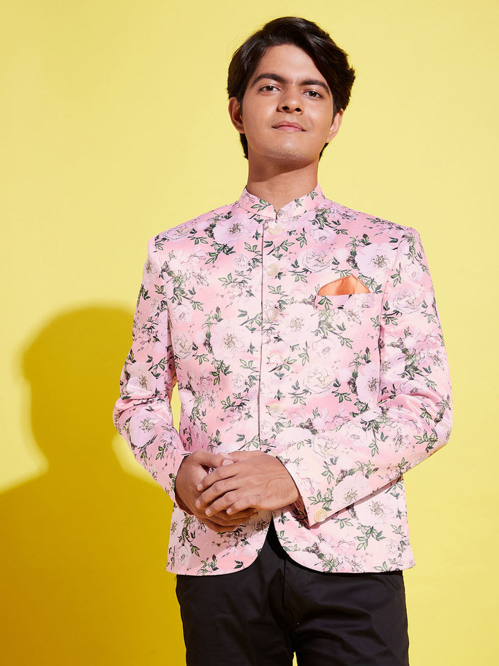 VASTRAMAY Boy's Floral Printed Pink Bandhgala Prince Coat Jodhpuri - qivii
