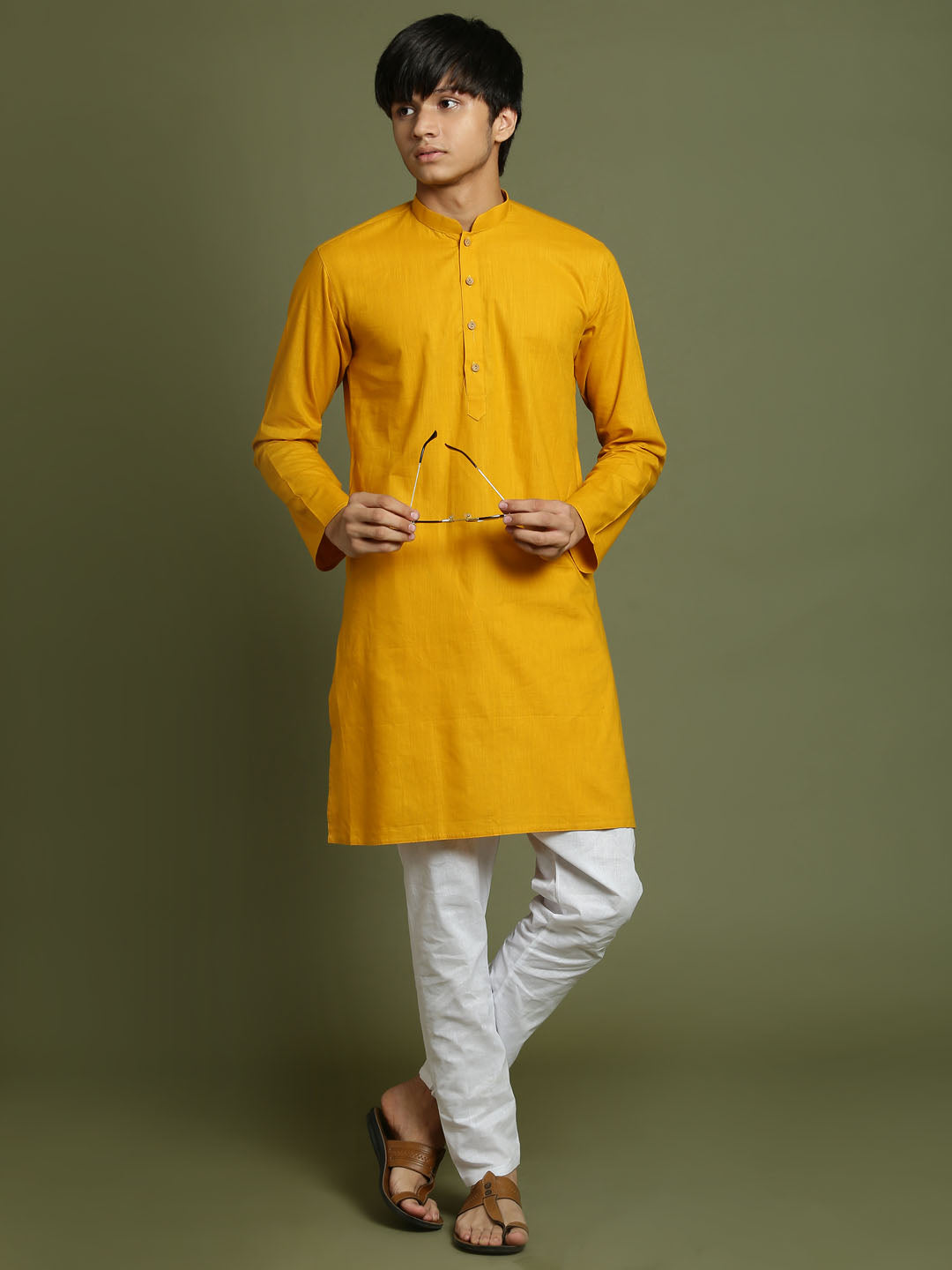 VASTRAMAY Boys Mustard And White Kurta Pyjama Set - qivii