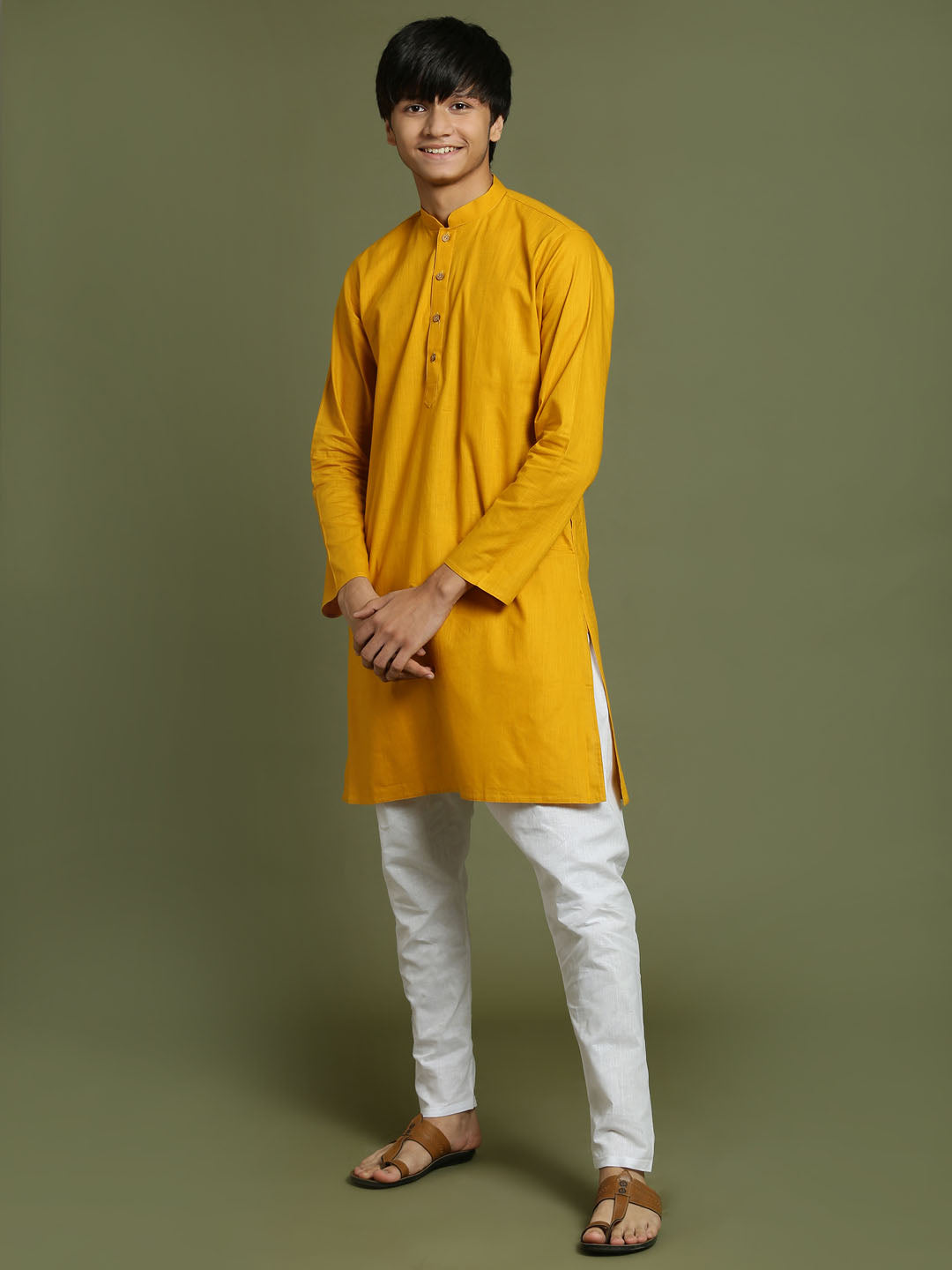 VASTRAMAY Boys Mustard And White Kurta Pyjama Set - qivii