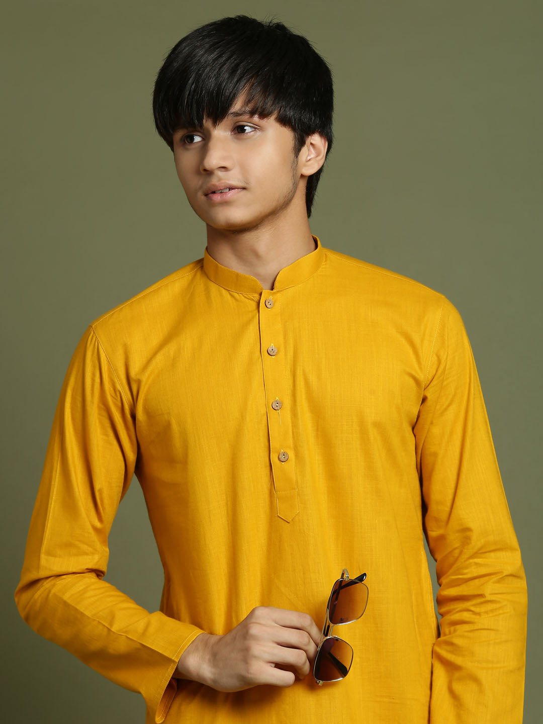 VASTRAMAY Boys Mustard And White Kurta Pyjama Set - qivii