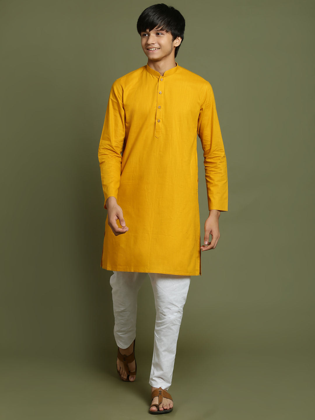 VASTRAMAY Boys Mustard And White Kurta Pyjama Set - qivii