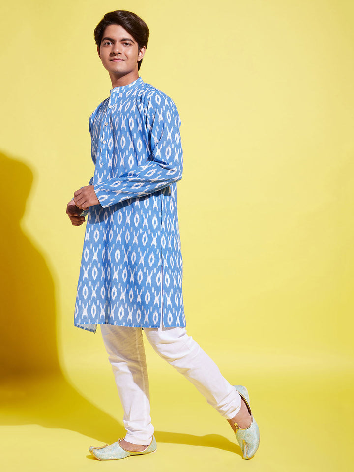 VASTRAMAY Boys Traditional Ikkat Print Flat Collar Kurta And Pyjama Set - qivii