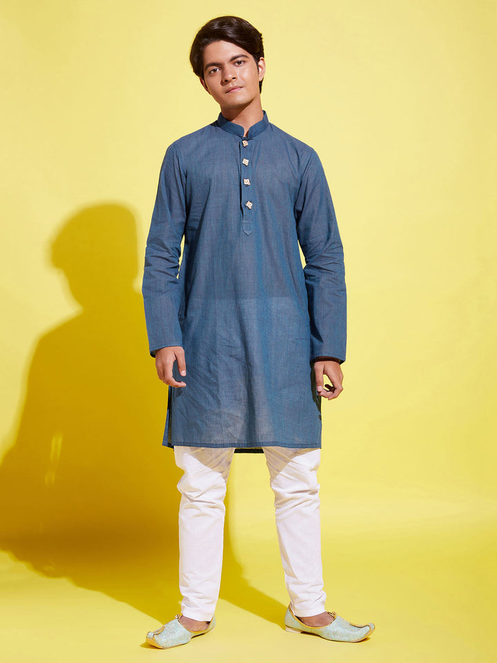 VASTRAMAY Boy's Blue Cotton Kurta and Pyjama Set - qivii