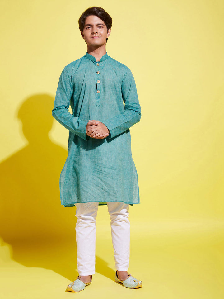 VASTRAMAY Boy's Light Blue Cotton Kurta and Pyjama Set - qivii