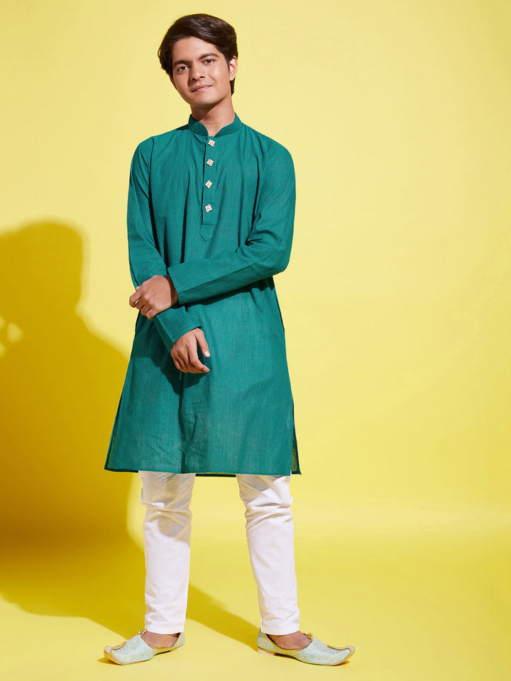 VASTRAMAY Boy's Green Cotton Kurta and Pyjama Set - qivii