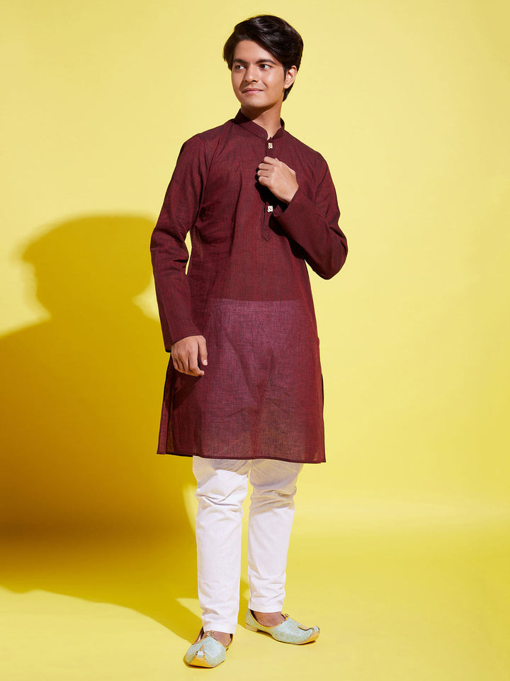 VASTRAMAY Boys Maroon Cotton Kurta and Pyjama Set - qivii