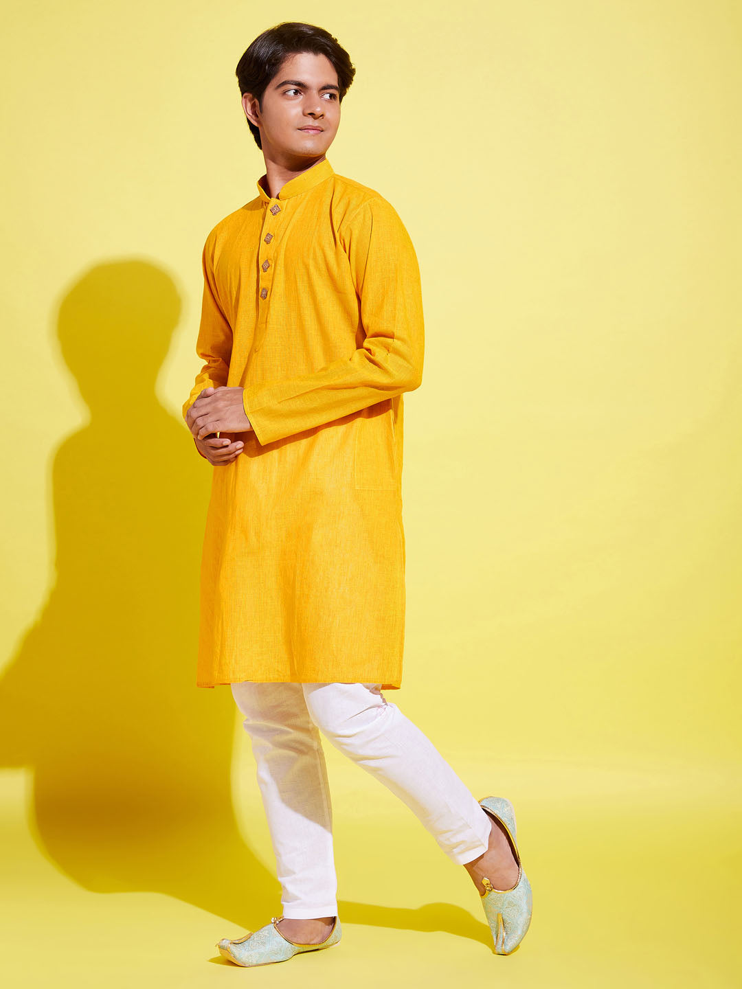 VASTRAMAY Boy's Yellow Cotton Kurta and Pyjama Set - qivii