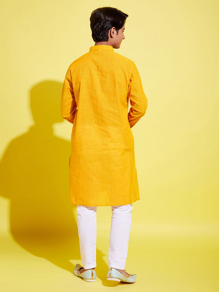 VASTRAMAY Boy's Yellow Cotton Kurta and Pyjama Set - qivii